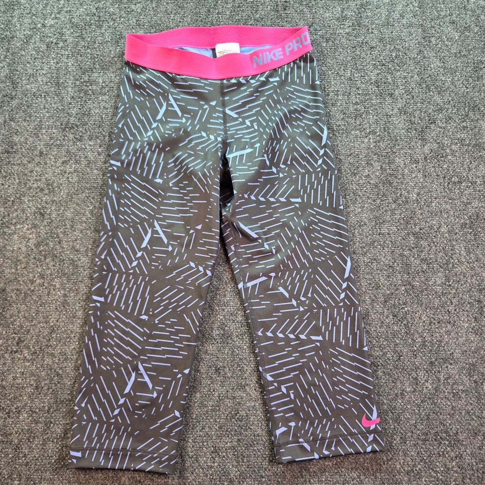 Nike Pro Dri-FIT Leggings Womens Medium Gray Pink Geometric Capri Training